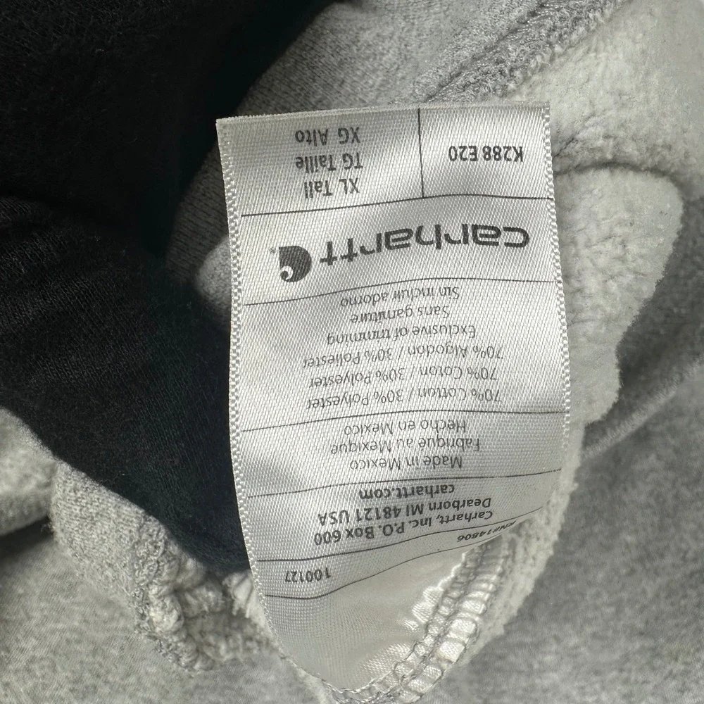 Carhartt Mens XL Tall Gray K288 Sleeve‎ Logo Original Fit Hooded Sweatshirt
